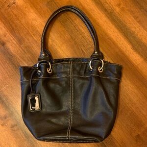 Tignanello Shoulder Bag Black Leather Purse Multi color stripe lining